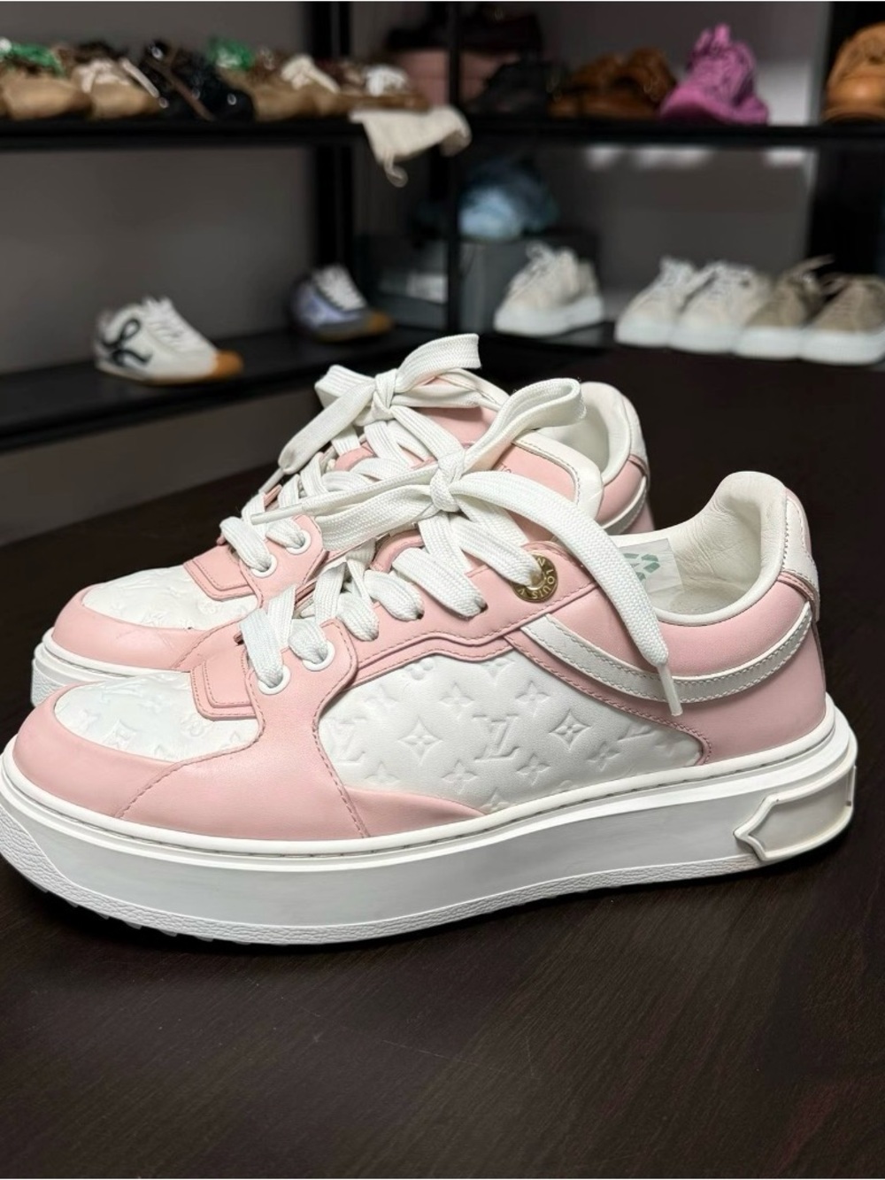 Louis Vuitton Pink and White Monogram Leather Sneakers